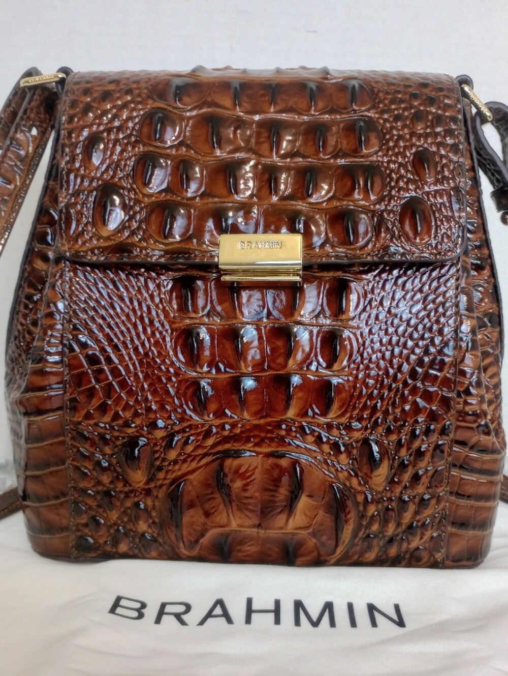 Brahmin Pecan Margo Crocodile Embossed Leather Crossbody Purse - Picture 2 of 13
